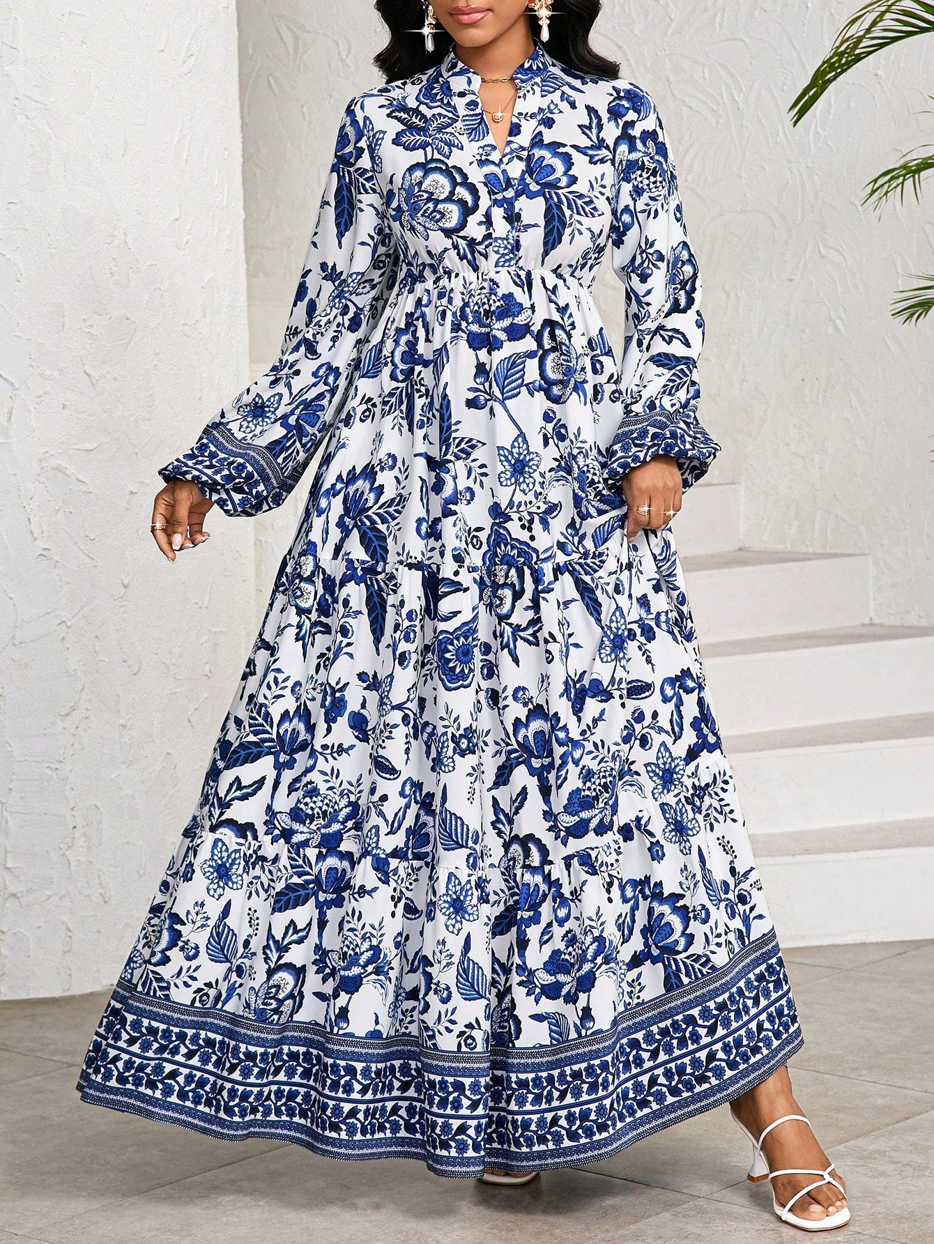 Lady White Floral Autumn Boho Elegant Women's Maxi Dress,Porcelain Print Holiday Tea Party Vacation BirthdayEvent Wedding Office Church Tropical Beach