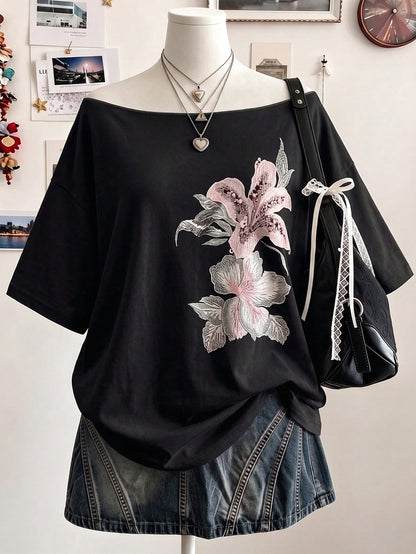 Lalippa Plus Size Vacation Fashion Floral Print Short Sleeve Streetwear T-Shirt