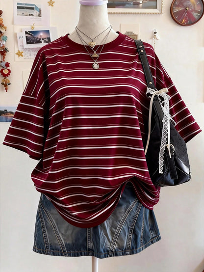 Lalippa Striped Digital Print Fashionable Minimalist Plus Size Long Round Neck Drop Shoulder T-Shirt, Gift For Friends