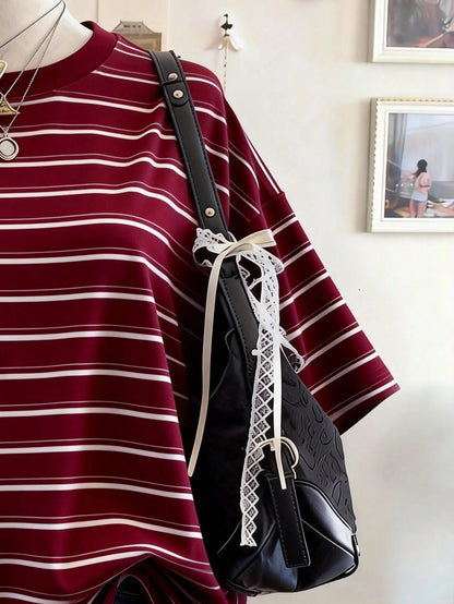 Lalippa Striped Digital Print Fashionable Minimalist Plus Size Long Round Neck Drop Shoulder T-Shirt, Gift For Friends