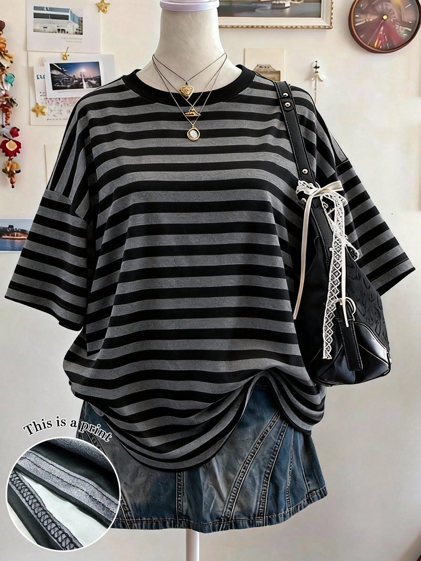 Lalippa Striped Digital Print Fashionable Minimalist Plus Size Long Round Neck Drop Shoulder T-Shirt, Gift For Friends