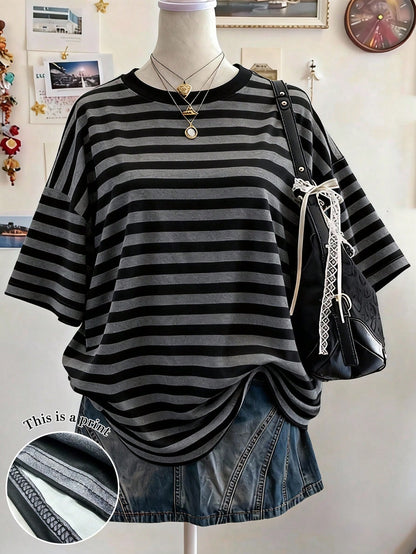 Lalippa Striped Digital Print Fashionable Minimalist Plus Size Long Round Neck Drop Shoulder T-Shirt, Gift For Friends