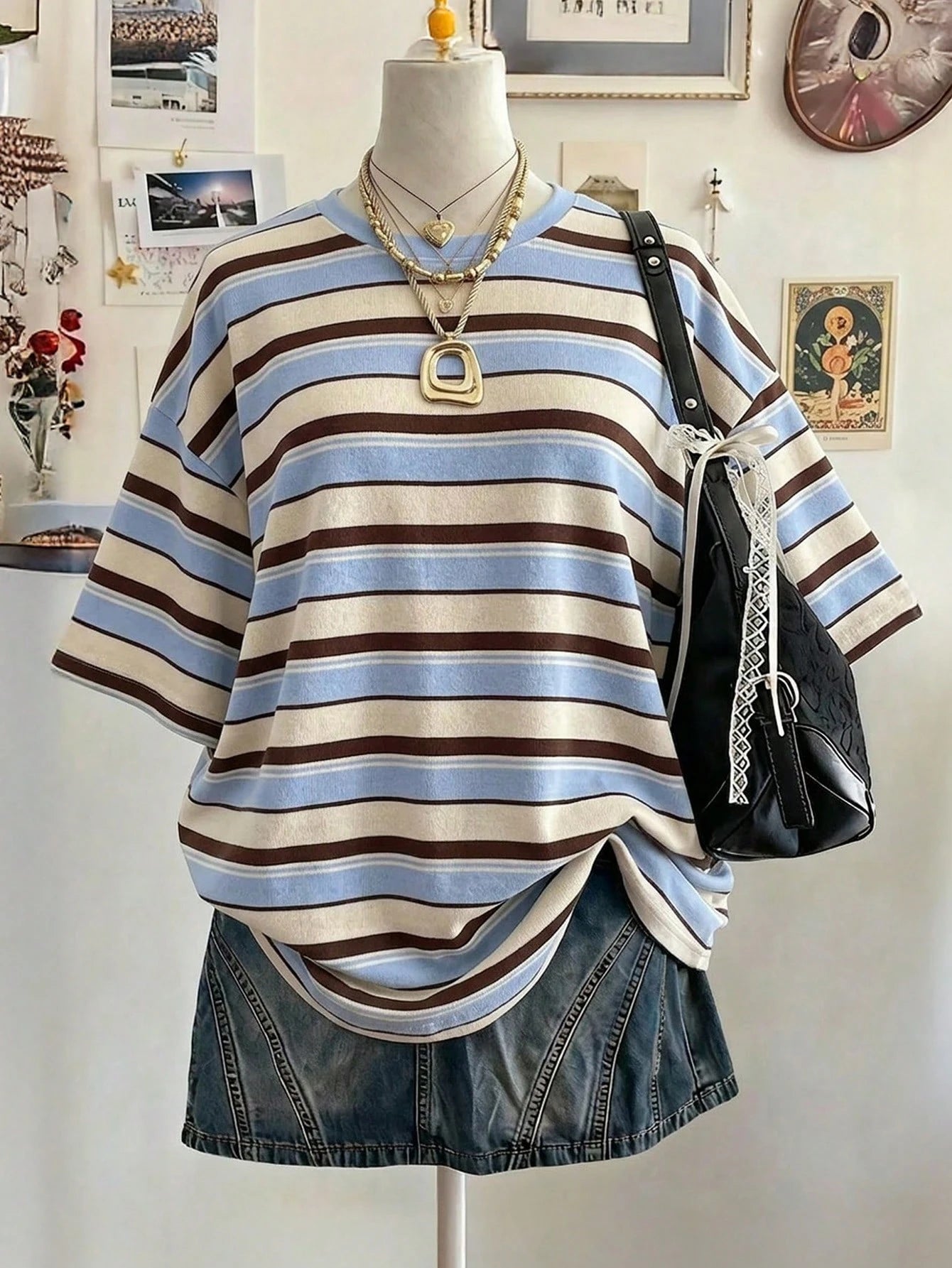 Lalippa Striped Digital Print Fashionable Minimalist Plus Size Long Round Neck Drop Shoulder T-Shirt, Gift For Friends