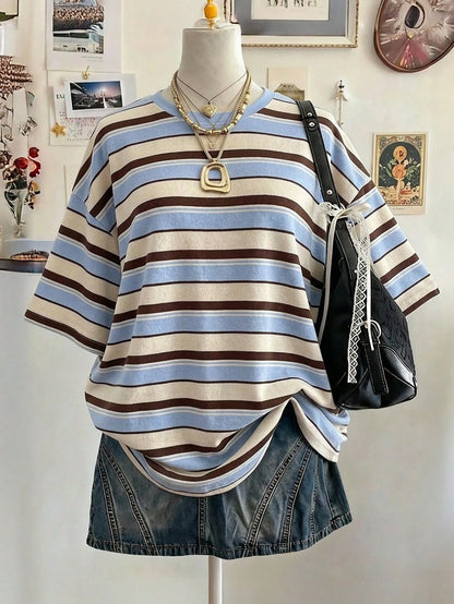 Lalippa Striped Digital Print Fashionable Minimalist Plus Size Long Round Neck Drop Shoulder T-Shirt, Gift For Friends