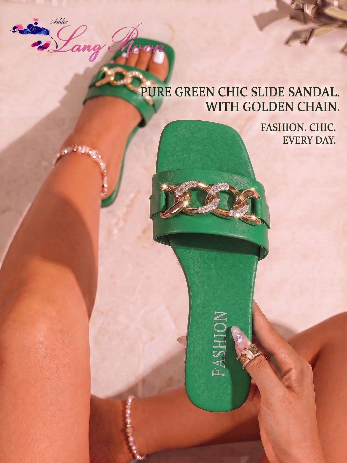 LangMoon Ashlee LangMoon 2026 Retro Green Wide Strap Square Toe Rhinestone Thick Metal Chain Flat Slide Sandals, Soft Sole Luxury Outdoor Slippers, All Seasons Daily