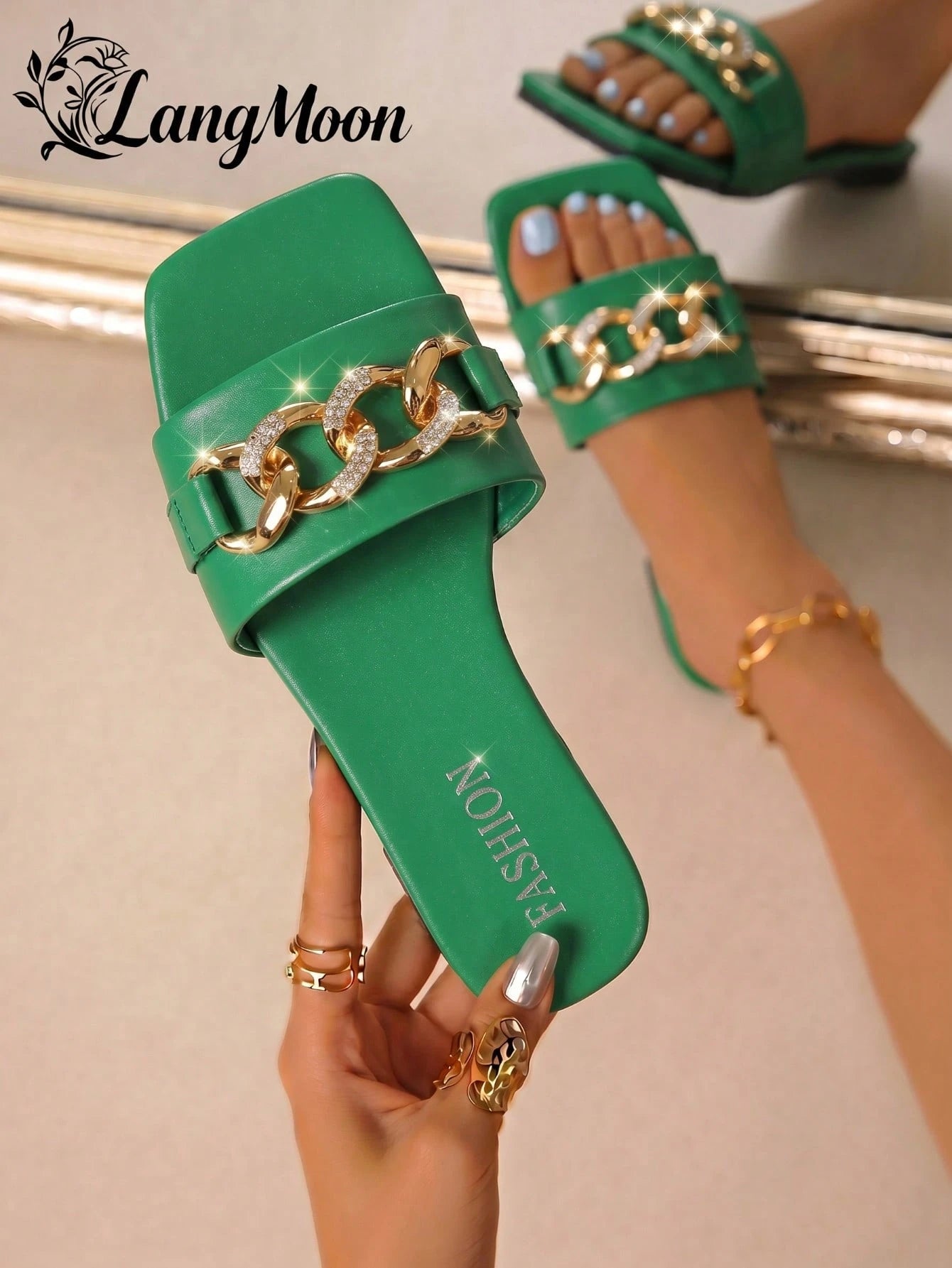 LangMoon Ashlee LangMoon 2026 Retro Green Wide Strap Square Toe Rhinestone Thick Metal Chain Flat Slide Sandals, Soft Sole Luxury Outdoor Slippers, All Seasons Daily