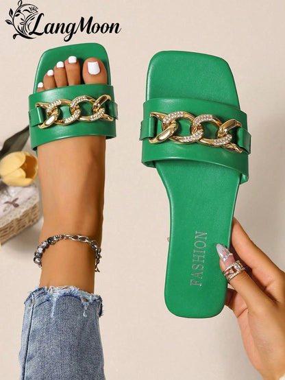 LangMoon Ashlee LangMoon 2026 Retro Green Wide Strap Square Toe Rhinestone Thick Metal Chain Flat Slide Sandals, Soft Sole Luxury Outdoor Slippers, All Seasons Daily
