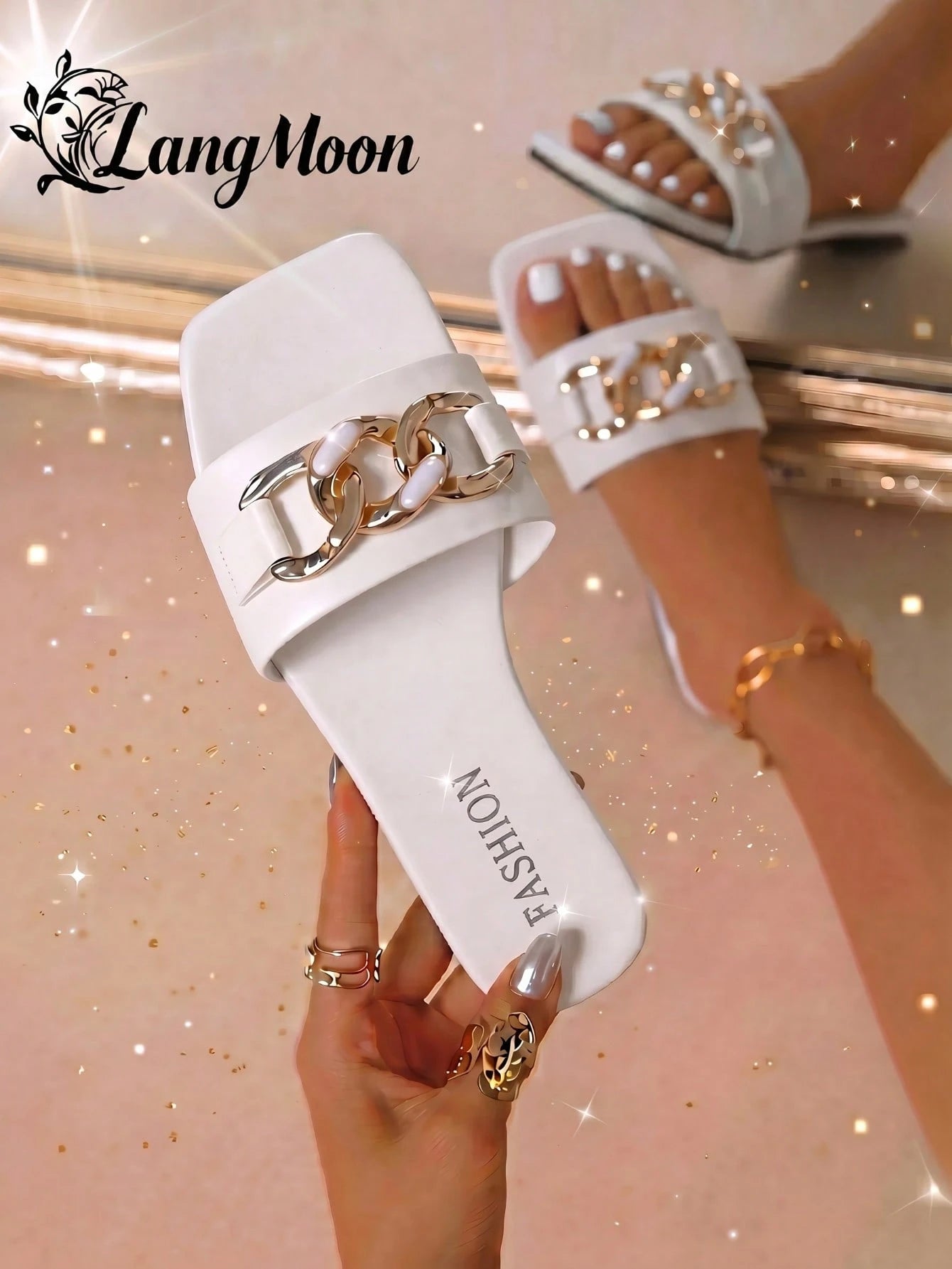 LangMoon Ashlee LangMoon 2026 Retro Green Wide Strap Square Toe Rhinestone Thick Metal Chain Flat Slide Sandals, Soft Sole Luxury Outdoor Slippers, All Seasons Daily