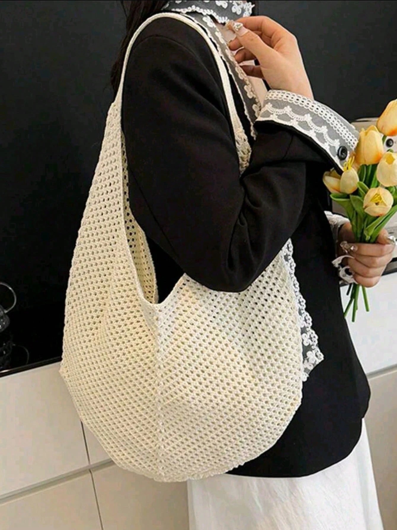 Large Capacity Crochet Shoulder Tote Bag, Lightweight Multifunctional Knitted Handbag, Suitable For Travel, Beach, Vacation And Daily Use