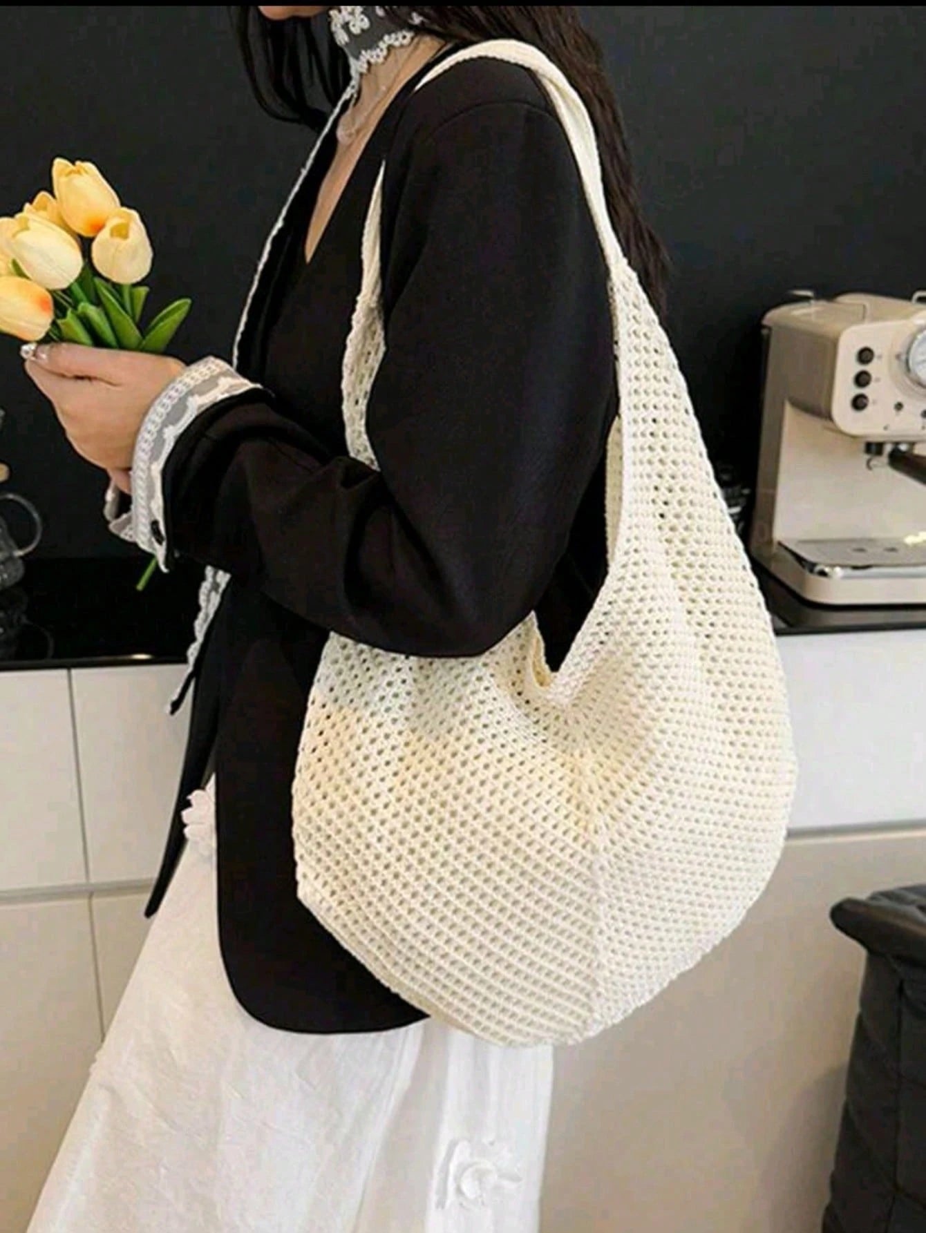 Large Capacity Crochet Shoulder Tote Bag, Lightweight Multifunctional Knitted Handbag, Suitable For Travel, Beach, Vacation And Daily Use