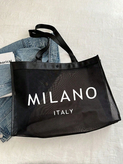 Large Capacity Mesh Shoulder Bag And Convenient Makeup Bag With "Milano" Printed On It,Portable Beach Vacation Large Capacity Handbag,Mesh Beach Bag,Portable Mesh Transparent Beauty Bag, Storage Bag