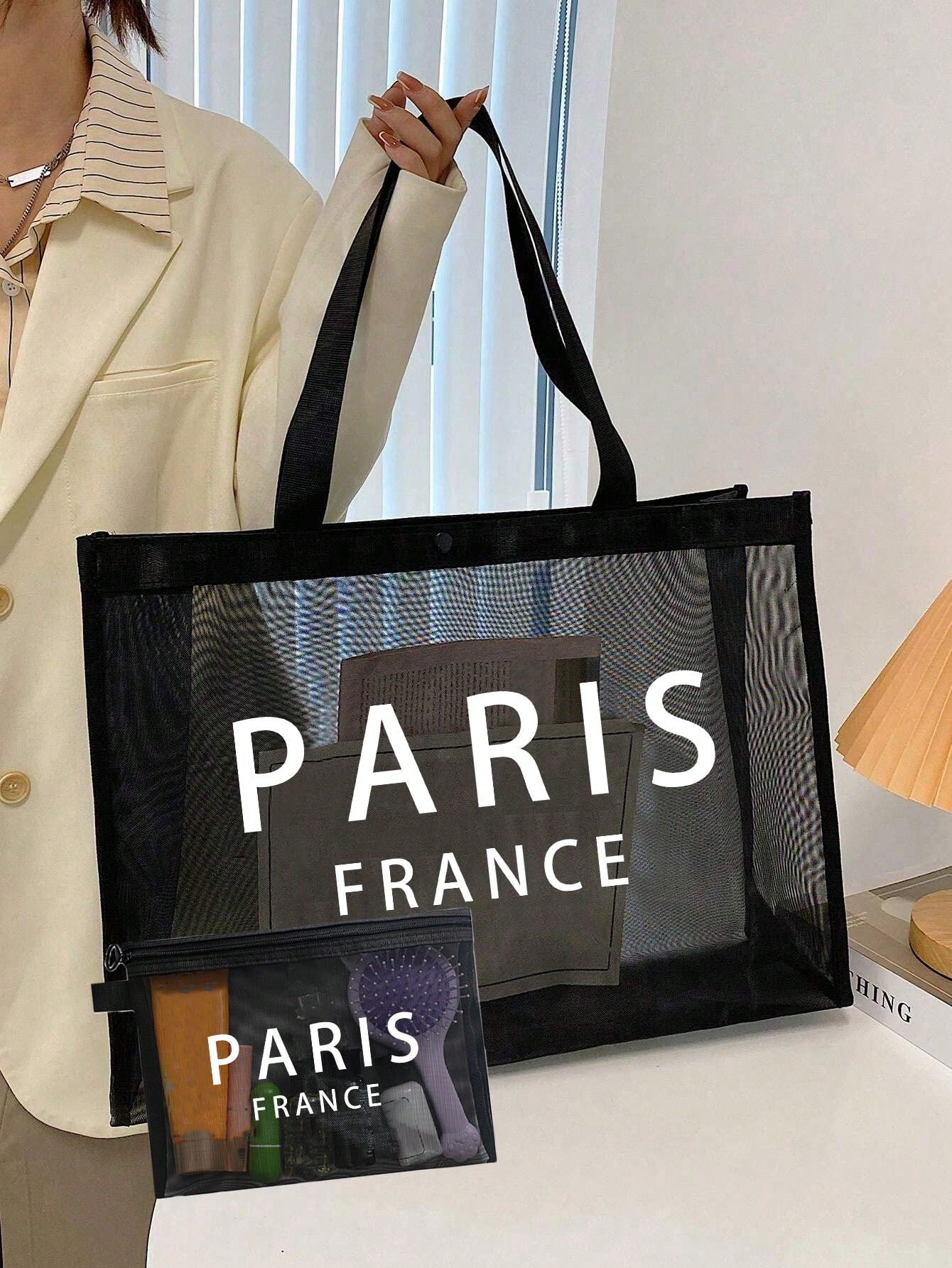 Large Capacity Mesh Shoulder Bag And Convenient Makeup Bag With "Milano" Printed On It,Portable Beach Vacation Large Capacity Handbag,Mesh Beach Bag,Portable Mesh Transparent Beauty Bag, Storage Bag