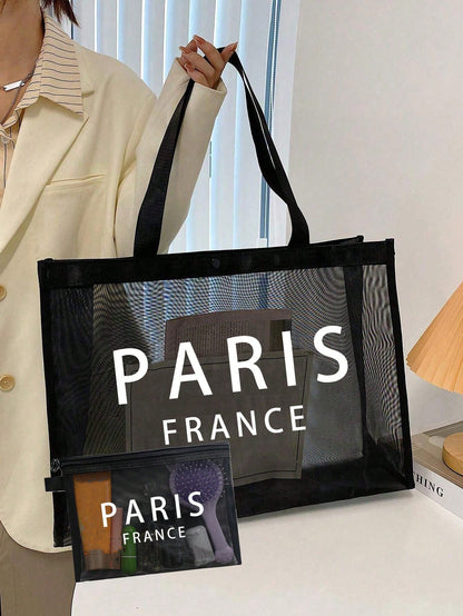 Large Capacity Mesh Shoulder Bag And Convenient Makeup Bag With "Milano" Printed On It,Portable Beach Vacation Large Capacity Handbag,Mesh Beach Bag,Portable Mesh Transparent Beauty Bag, Storage Bag