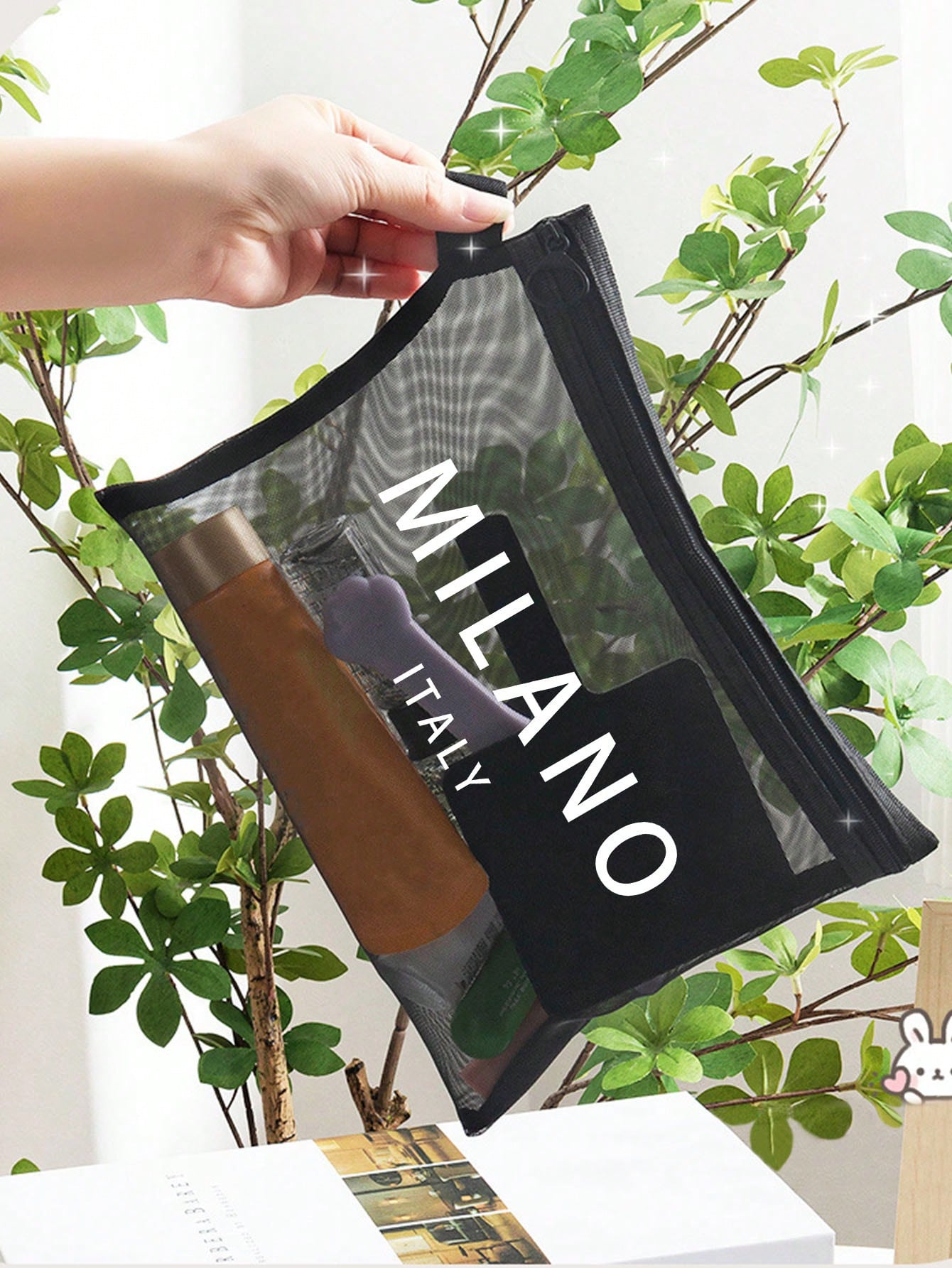 Large Capacity Mesh Shoulder Bag And Convenient Makeup Bag With "Milano" Printed On It,Portable Beach Vacation Large Capacity Handbag,Mesh Beach Bag,Portable Mesh Transparent Beauty Bag, Storage Bag