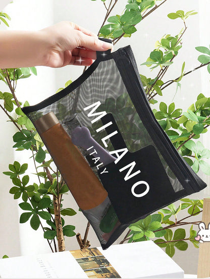 Large Capacity Mesh Shoulder Bag And Convenient Makeup Bag With "Milano" Printed On It,Portable Beach Vacation Large Capacity Handbag,Mesh Beach Bag,Portable Mesh Transparent Beauty Bag, Storage Bag
