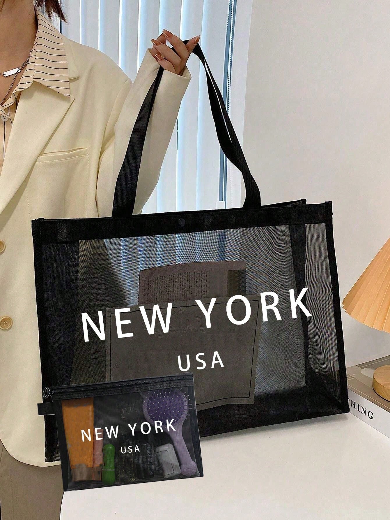 Large Capacity Mesh Shoulder Bag And Convenient Makeup Bag With "Milano" Printed On It,Portable Beach Vacation Large Capacity Handbag,Mesh Beach Bag,Portable Mesh Transparent Beauty Bag, Storage Bag