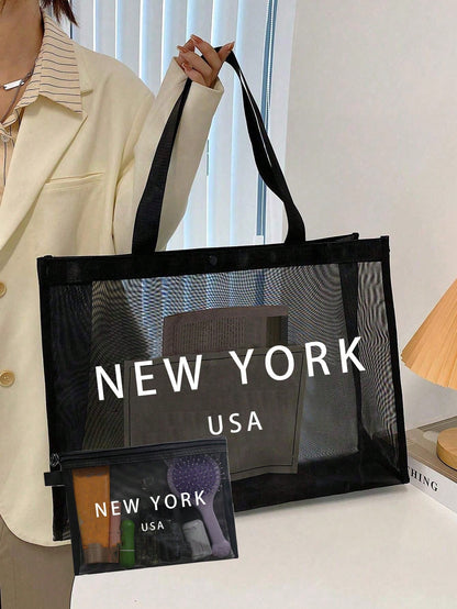 Large Capacity Mesh Shoulder Bag And Convenient Makeup Bag With "Milano" Printed On It,Portable Beach Vacation Large Capacity Handbag,Mesh Beach Bag,Portable Mesh Transparent Beauty Bag, Storage Bag
