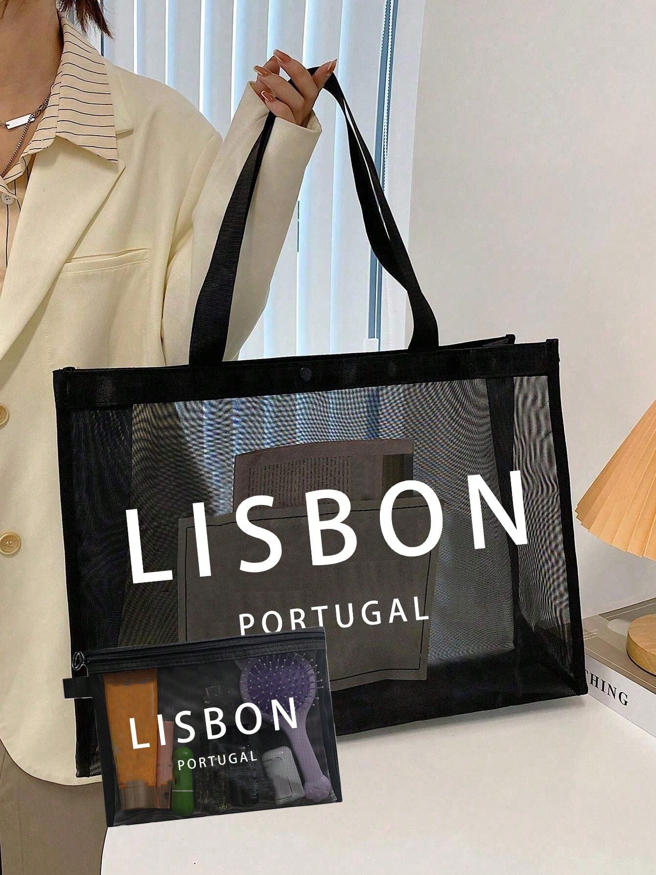 Large Capacity Mesh Shoulder Bag And Convenient Makeup Bag With "Milano" Printed On It,Portable Beach Vacation Large Capacity Handbag,Mesh Beach Bag,Portable Mesh Transparent Beauty Bag, Storage Bag