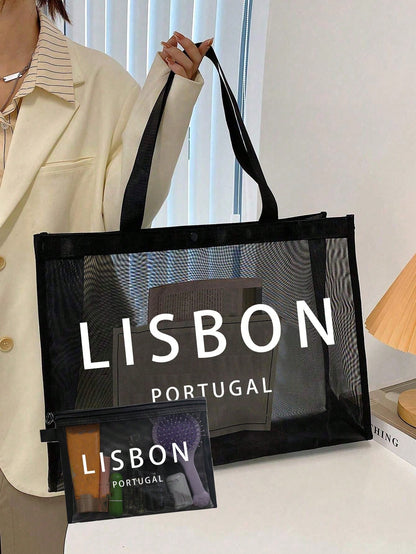 Large Capacity Mesh Shoulder Bag And Convenient Makeup Bag With "Milano" Printed On It,Portable Beach Vacation Large Capacity Handbag,Mesh Beach Bag,Portable Mesh Transparent Beauty Bag, Storage Bag