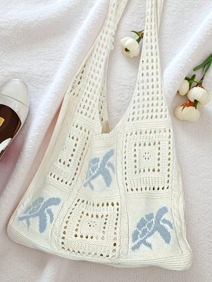 Large Capacity Open Top Woven Tote Bag, Women Crochet Sea Turtle Design Beige Straw Purse, Bohemian Beach Vacation Accessories, Handbag For Travel