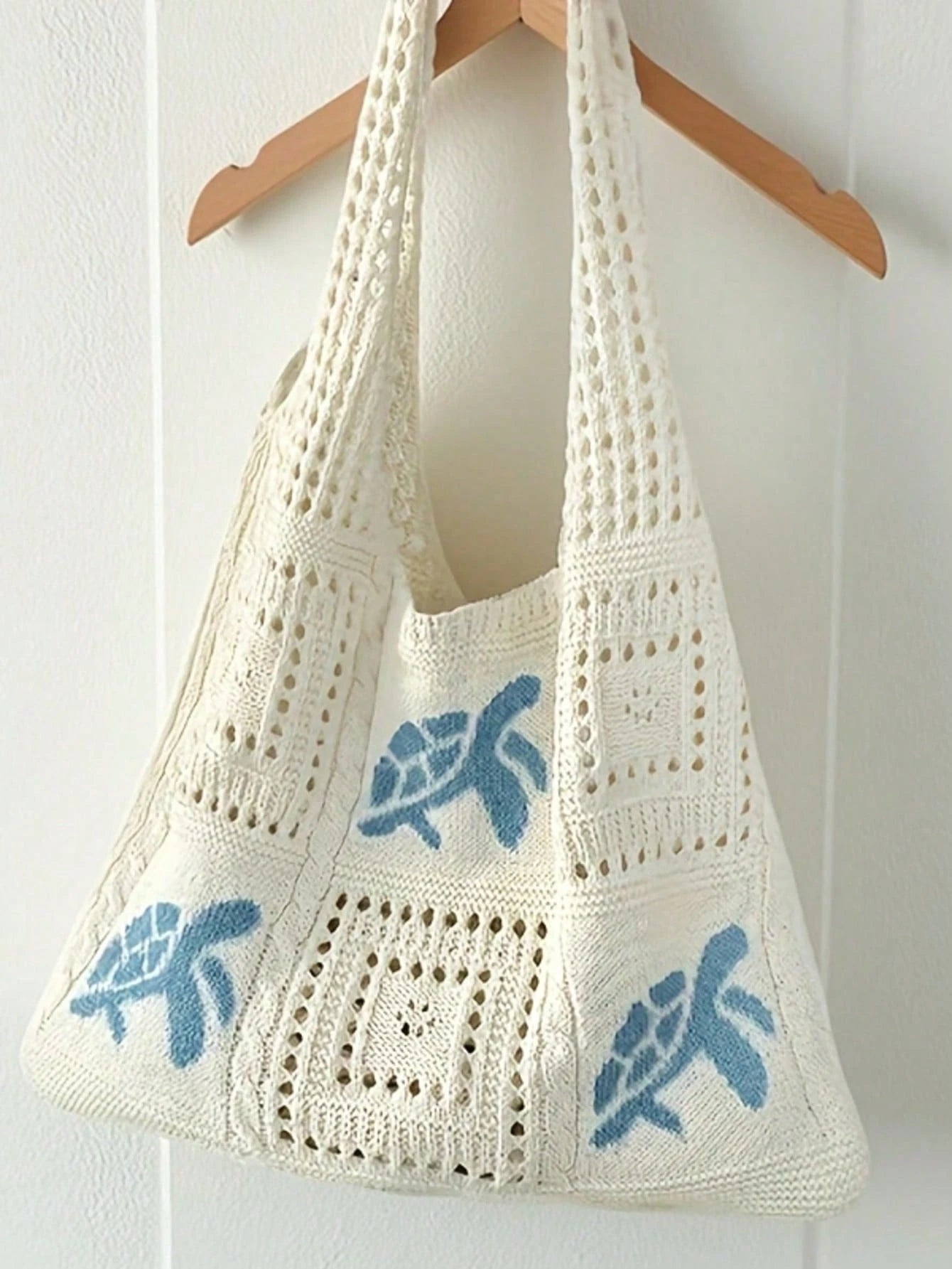 Large Capacity Open Top Woven Tote Bag, Women Crochet Sea Turtle Design Beige Straw Purse, Bohemian Beach Vacation Accessories, Handbag For Travel