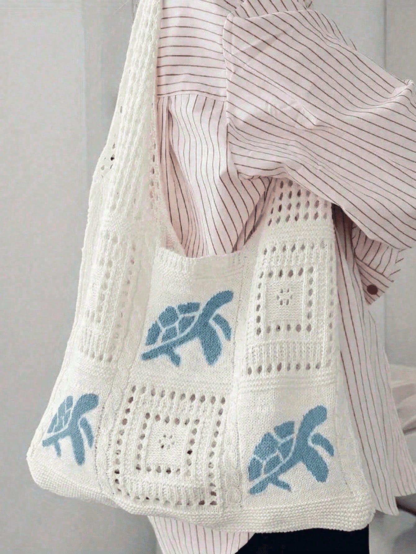 Large Capacity Open Top Woven Tote Bag, Women Crochet Sea Turtle Design Beige Straw Purse, Bohemian Beach Vacation Accessories, Handbag For Travel