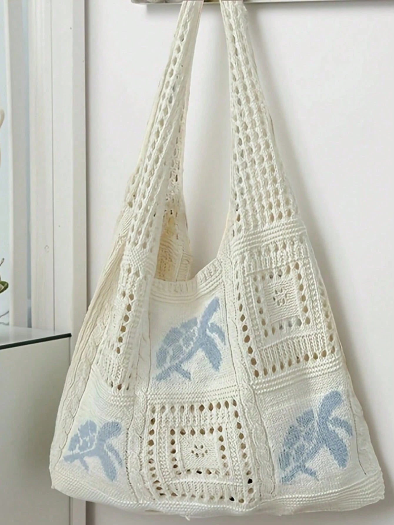 Large Capacity Open Top Woven Tote Bag, Women Crochet Sea Turtle Design Beige Straw Purse, Bohemian Beach Vacation Accessories, Handbag For Travel