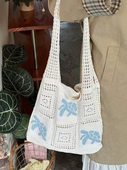 Large Capacity Open Top Woven Tote Bag, Women Crochet Sea Turtle Design Beige Straw Purse, Bohemian Beach Vacation Accessories, Handbag For Travel