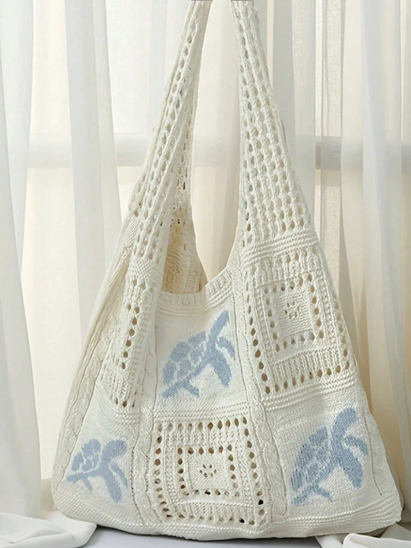 Large Capacity Open Top Woven Tote Bag, Women Crochet Sea Turtle Design Beige Straw Purse, Bohemian Beach Vacation Accessories, Handbag For Travel
