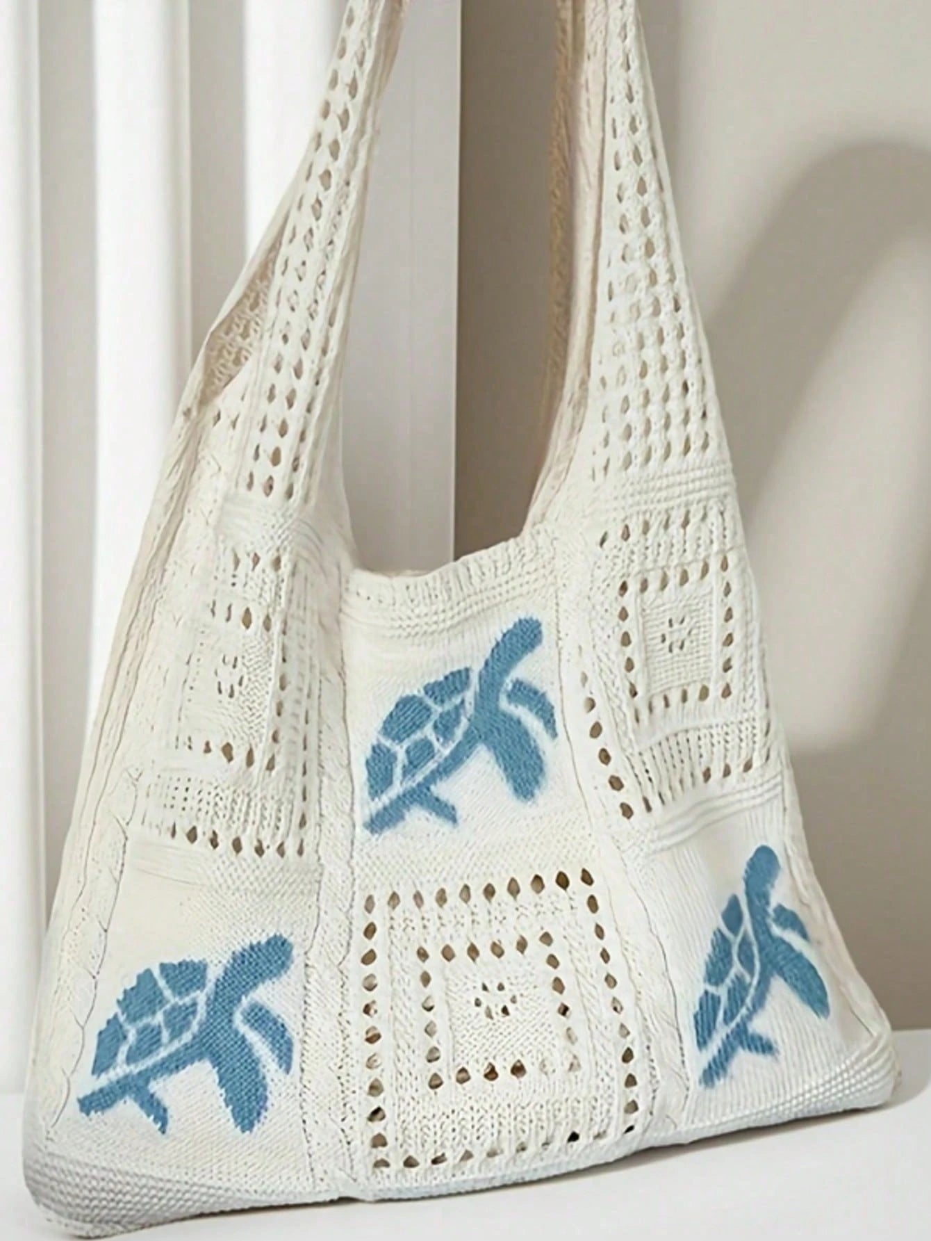 Large Capacity Open Top Woven Tote Bag, Women Crochet Sea Turtle Design Beige Straw Purse, Bohemian Beach Vacation Accessories, Handbag For Travel