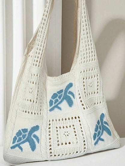 Large Capacity Open Top Woven Tote Bag, Women Crochet Sea Turtle Design Beige Straw Purse, Bohemian Beach Vacation Accessories, Handbag For Travel