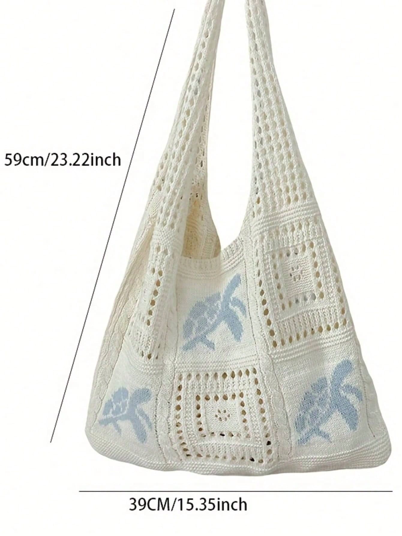Large Capacity Open Top Woven Tote Bag, Women Crochet Sea Turtle Design Beige Straw Purse, Bohemian Beach Vacation Accessories, Handbag For Travel