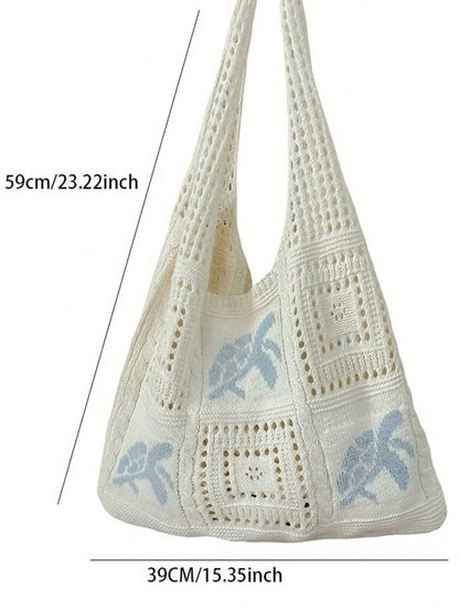 Large Capacity Open Top Woven Tote Bag, Women Crochet Sea Turtle Design Beige Straw Purse, Bohemian Beach Vacation Accessories, Handbag For Travel