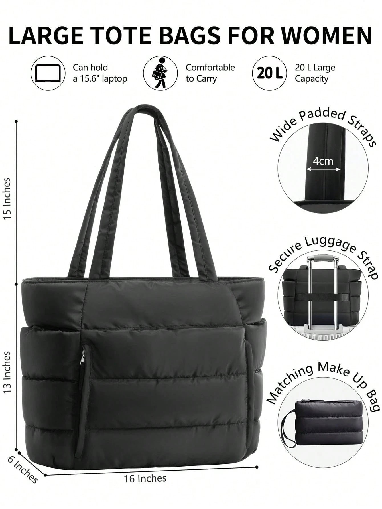 Large Puffer Tote Bag For Women, Laptop Work Bags For Women, Waterproof Purses And Bags Women, Back To School Travel Essential
