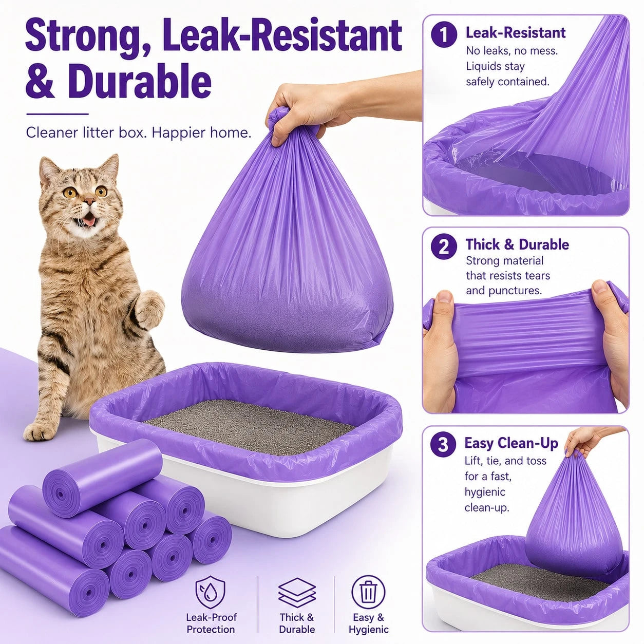 Large Thick Leak-Proof Cat Litter Bags, Suitable For Pet Waste Cleanup And Odor Control; Made Of Thick Absorbent Material With Drawstring Seal Design, Specifically Designed For Multi-Cat Households, E