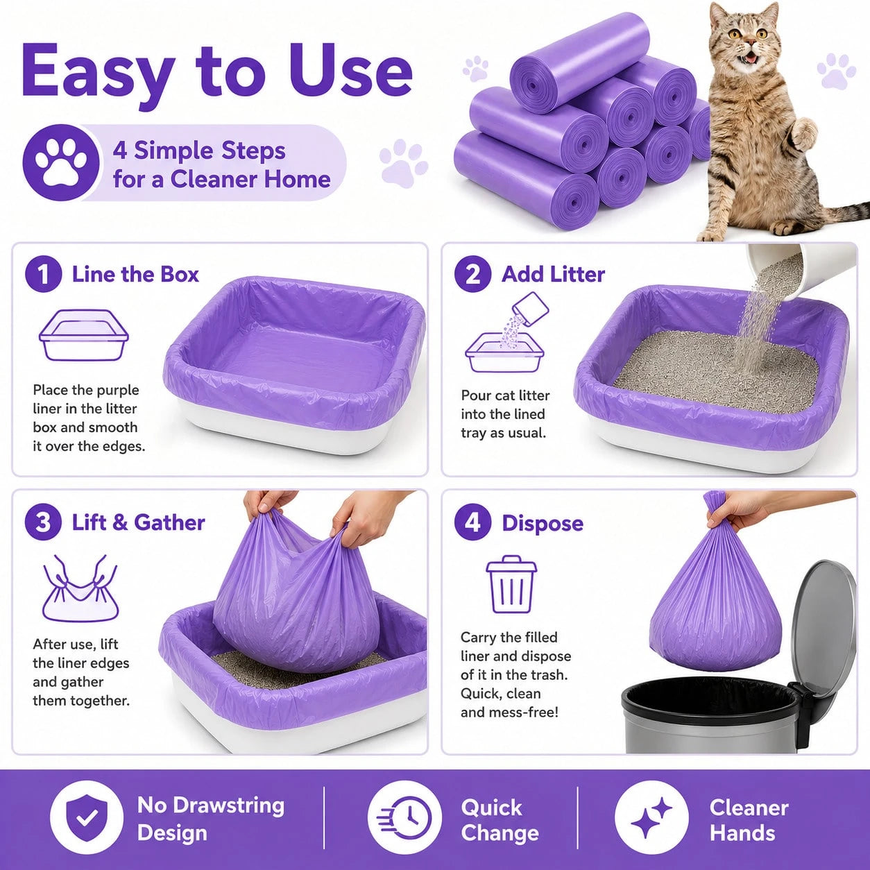 Large Thick Leak-Proof Cat Litter Bags, Suitable For Pet Waste Cleanup And Odor Control; Made Of Thick Absorbent Material With Drawstring Seal Design, Specifically Designed For Multi-Cat Households, E