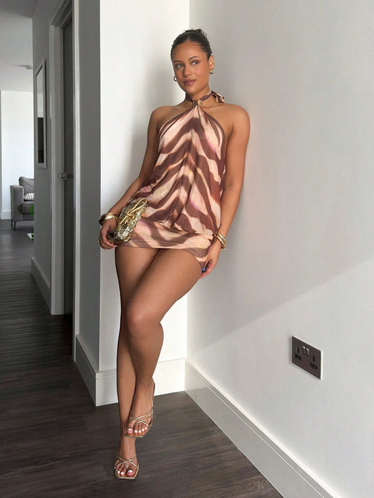 leahseptember Spring/Summer Beach Vacation Knit Mesh Printed Halter Neck Women Mini Dress Tiger Print Dress, Valentine's Day, Carnival Costume, Elegant Dresses For Party, Beach Outfit, Wedding Guest D