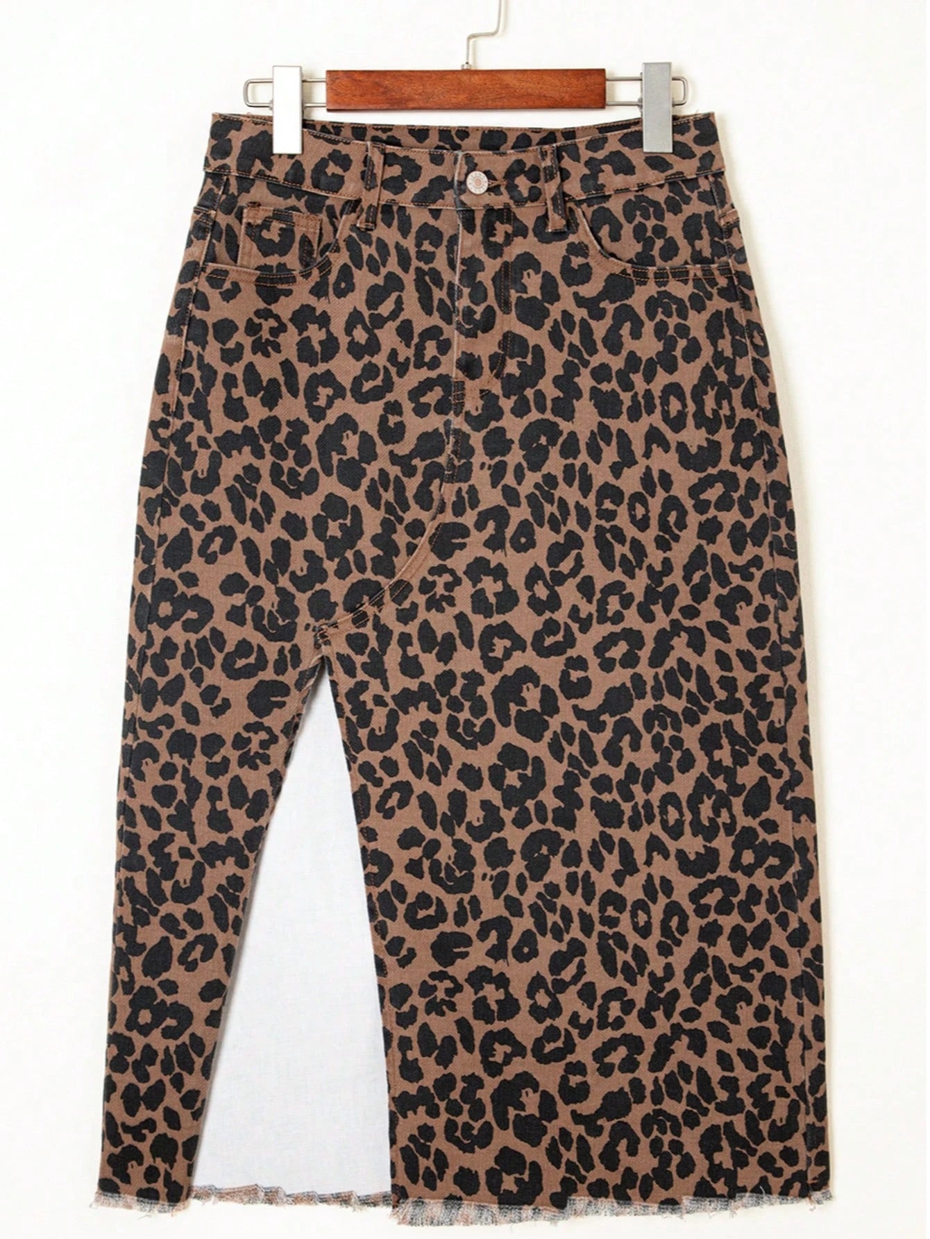Leopard Print Frayed Side Slit Denim Midi Skirt