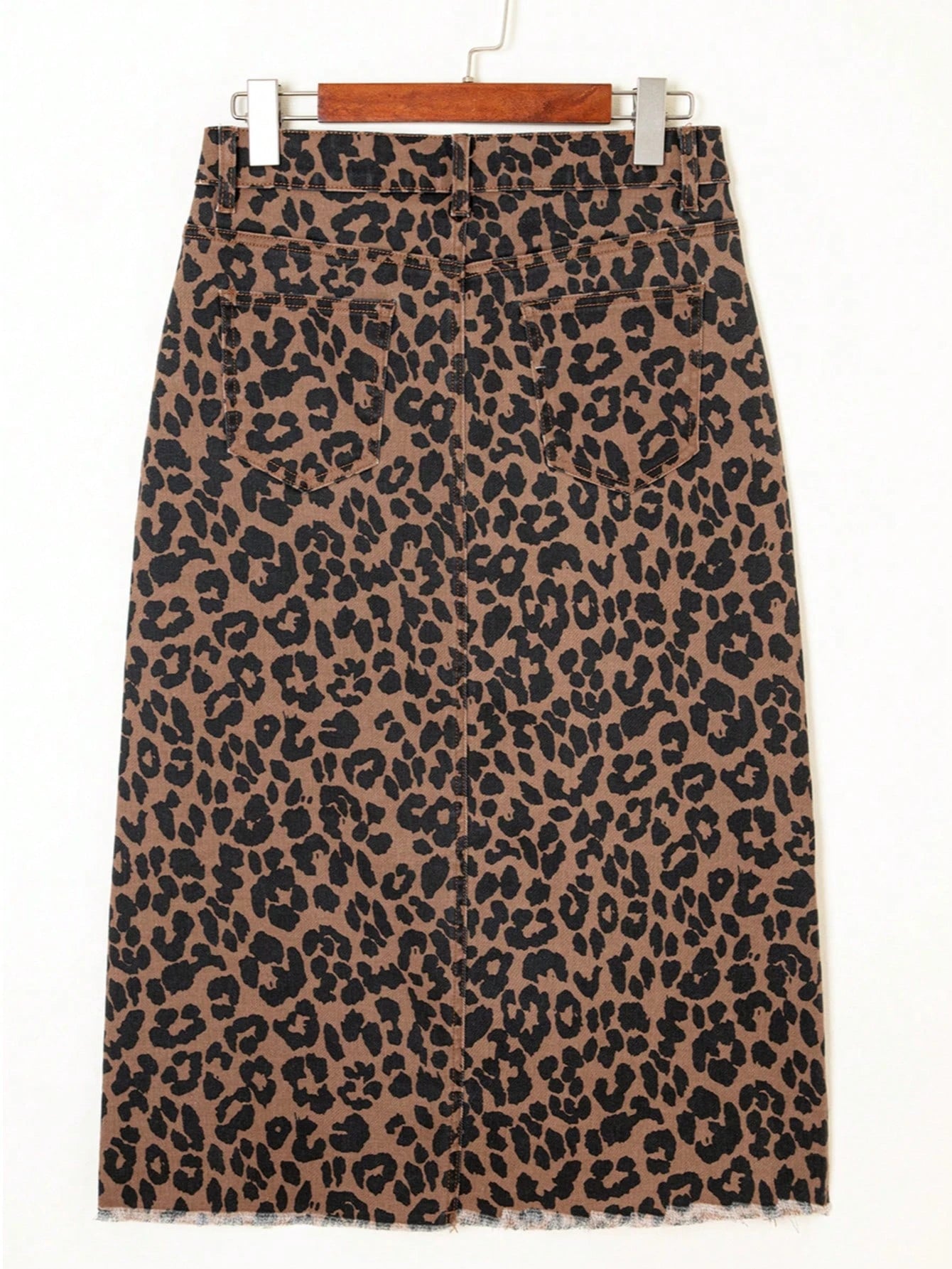 Leopard Print Frayed Side Slit Denim Midi Skirt