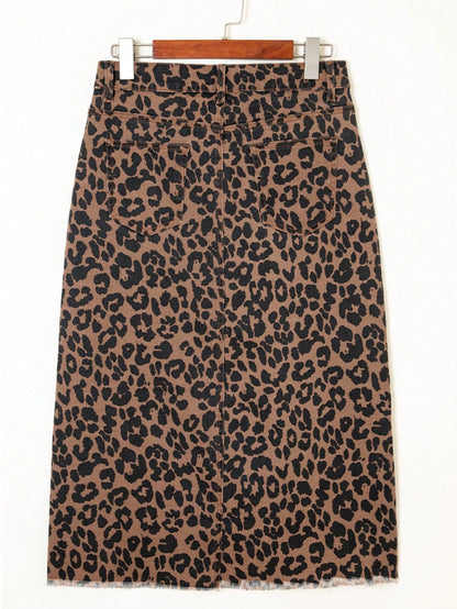 Leopard Print Frayed Side Slit Denim Midi Skirt
