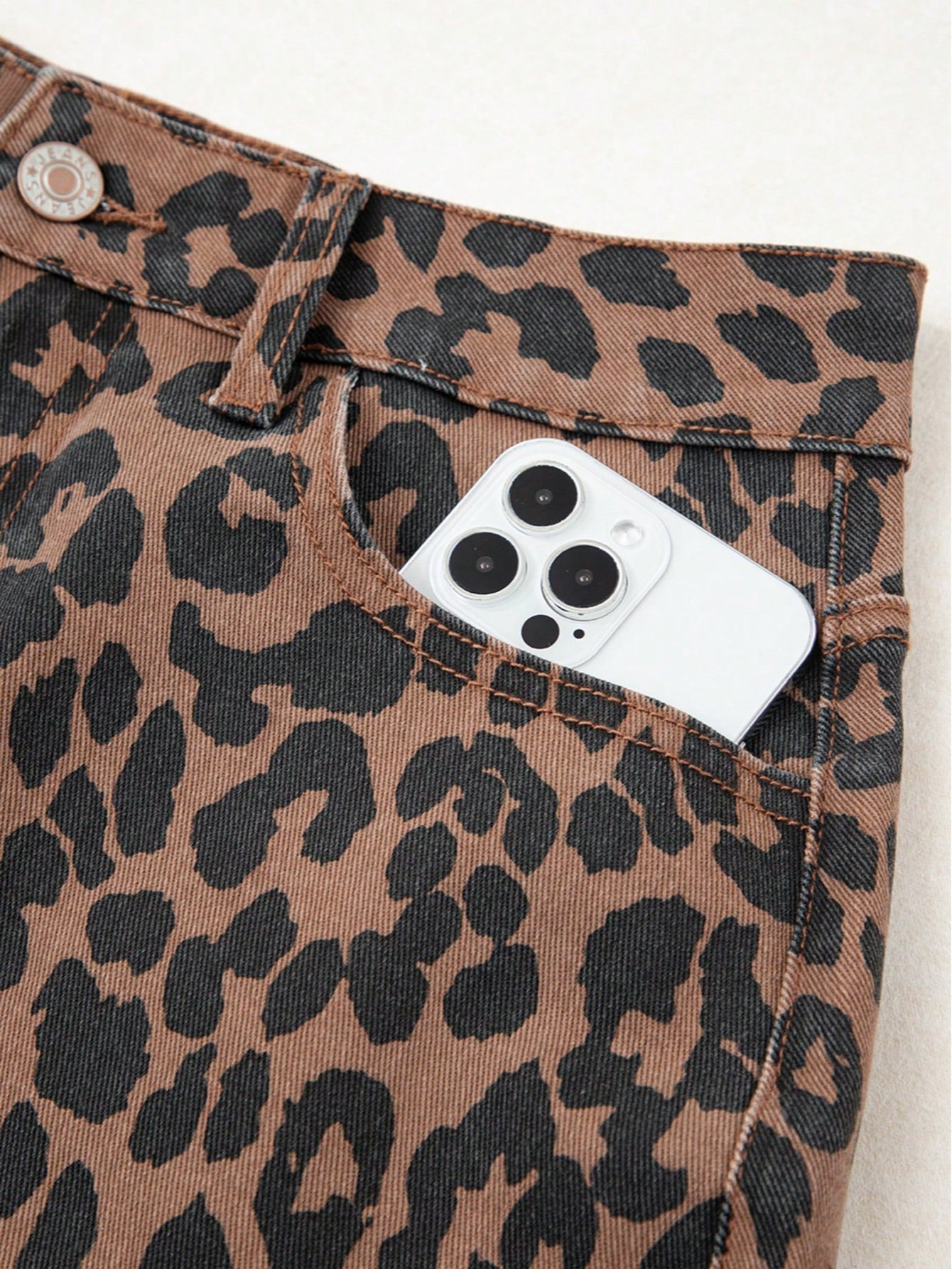 Leopard Print Frayed Side Slit Denim Midi Skirt