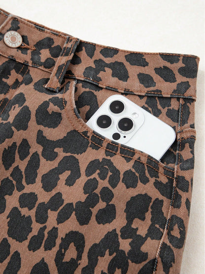 Leopard Print Frayed Side Slit Denim Midi Skirt
