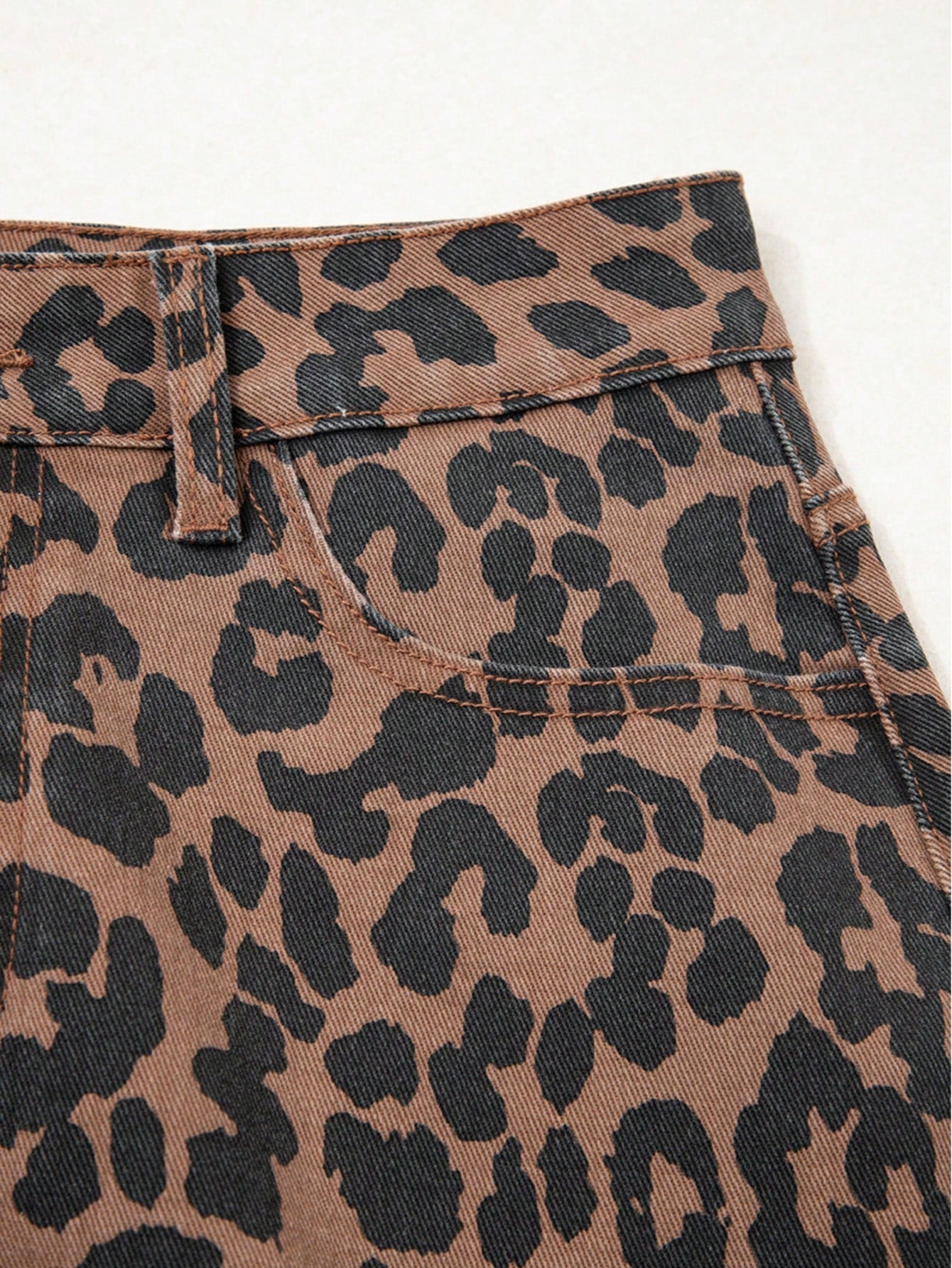 Leopard Print Frayed Side Slit Denim Midi Skirt
