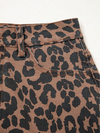 Leopard Print Frayed Side Slit Denim Midi Skirt