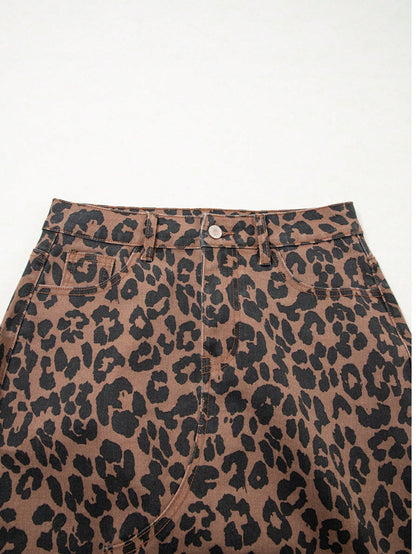 Leopard Print Frayed Side Slit Denim Midi Skirt