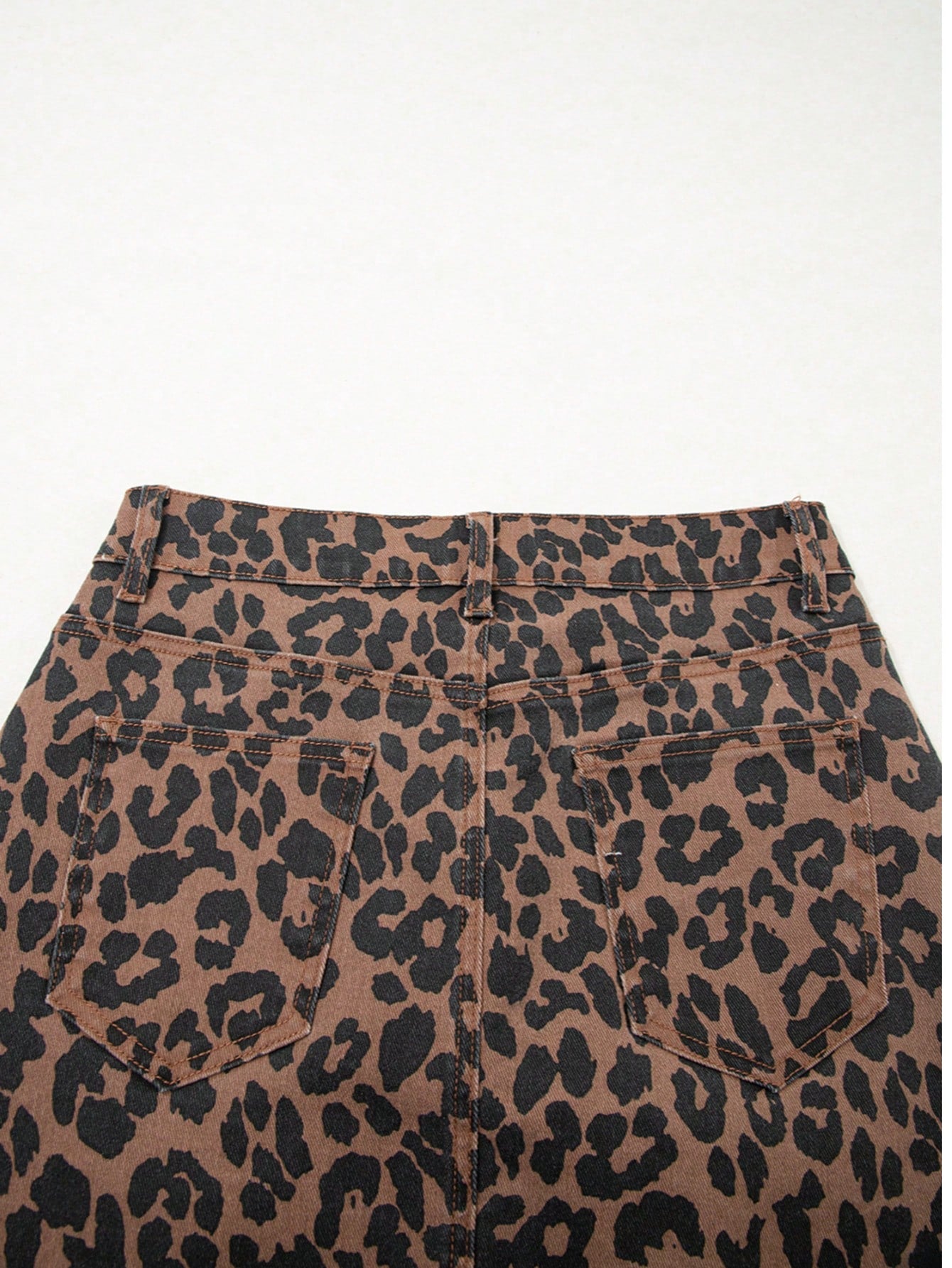 Leopard Print Frayed Side Slit Denim Midi Skirt