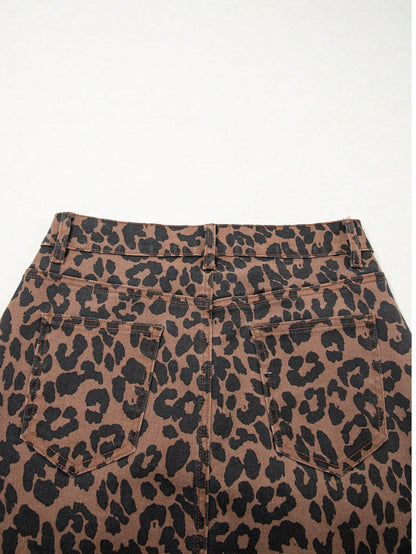 Leopard Print Frayed Side Slit Denim Midi Skirt