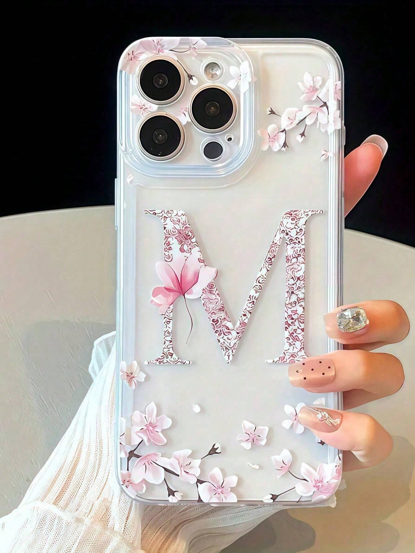 Letter Elements TPU 1pc Floral Letter M Personalized Transparent Full Body Shockproof Phone Case Compatible With Iphone 17 16 15 14 13 12 11 Pro Max, A55/54/53/52/51, S25/24/23/22/21 Ultra Birthday Gi