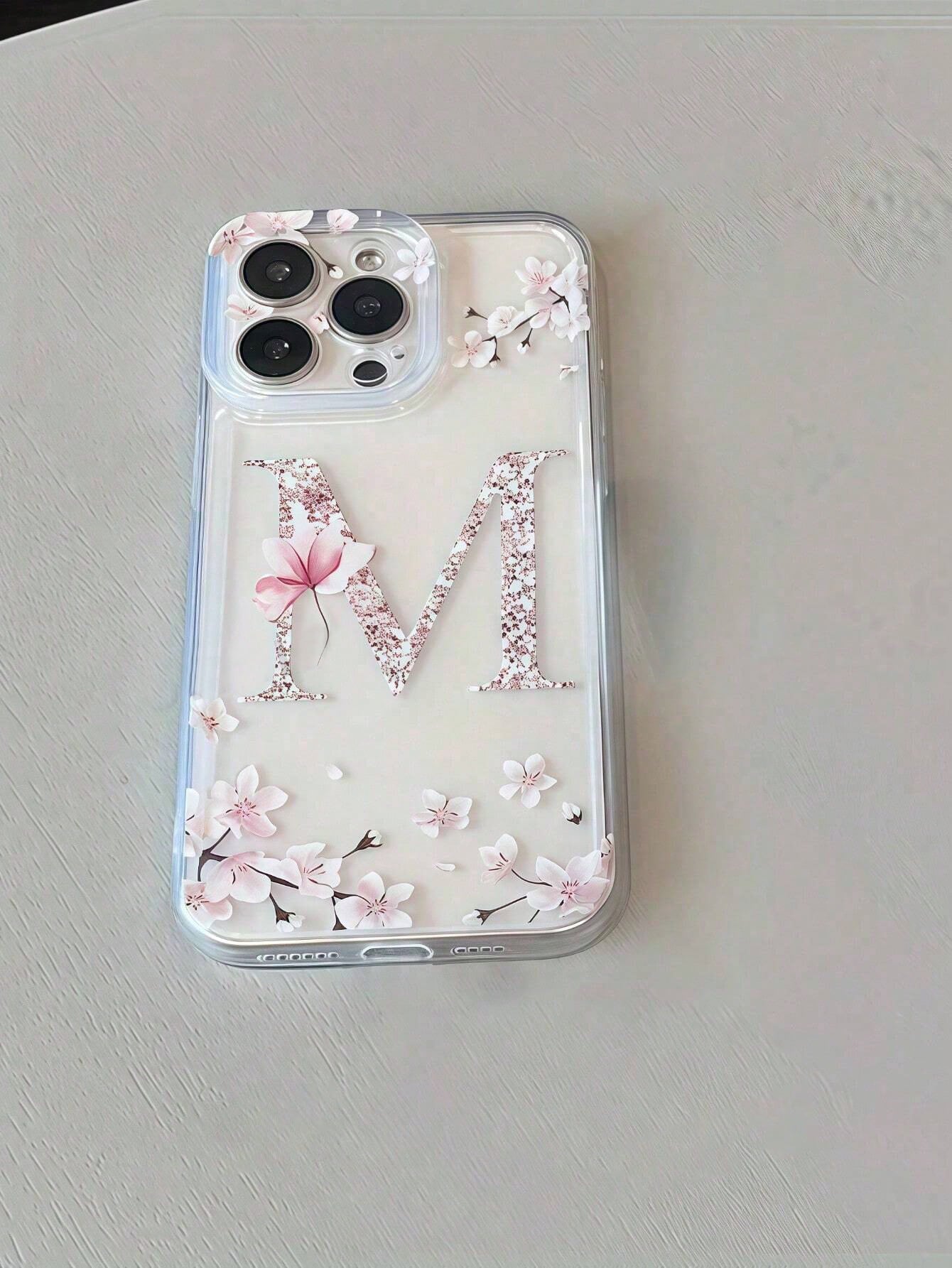 Letter Elements TPU 1pc Floral Letter M Personalized Transparent Full Body Shockproof Phone Case Compatible With Iphone 17 16 15 14 13 12 11 Pro Max, A55/54/53/52/51, S25/24/23/22/21 Ultra Birthday Gi