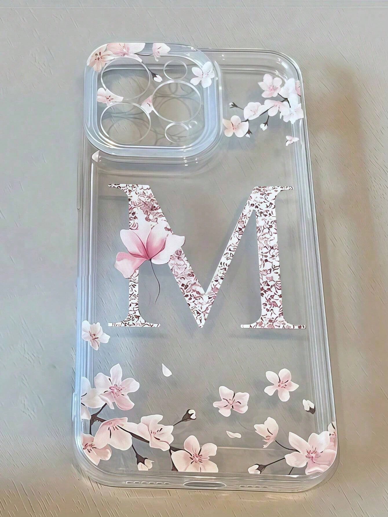 Letter Elements TPU 1pc Floral Letter M Personalized Transparent Full Body Shockproof Phone Case Compatible With Iphone 17 16 15 14 13 12 11 Pro Max, A55/54/53/52/51, S25/24/23/22/21 Ultra Birthday Gi